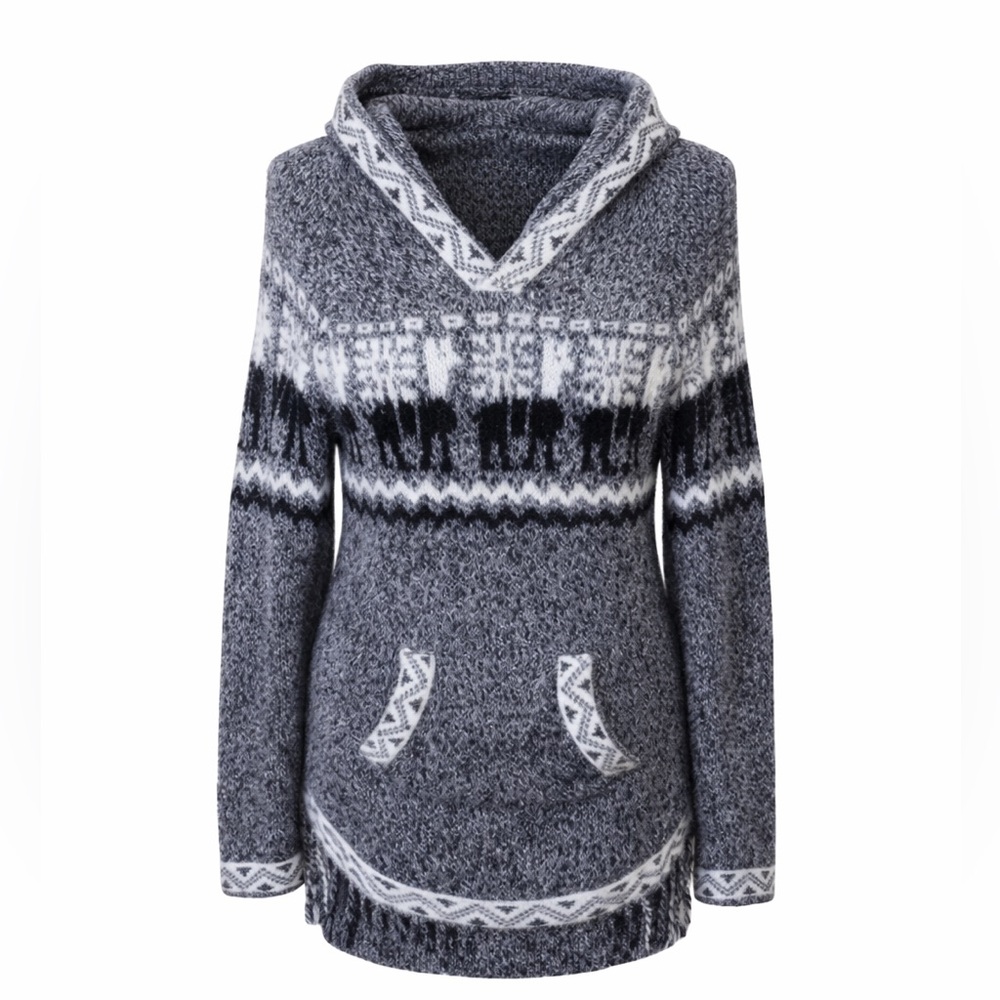 Native Import Peru Gray Hooded Fair Isle Fringe Sweater No Size Tag